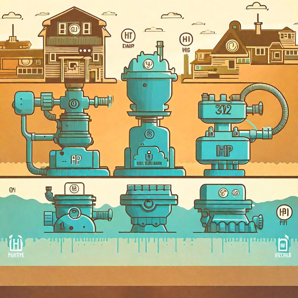 Illustrated comparison of water pump horsepower ratings (0.5HP, 1HP, 2HP) showing their applications from small homes to larger buildings, with decorative turquoise and brown color scheme and underground piping systems.