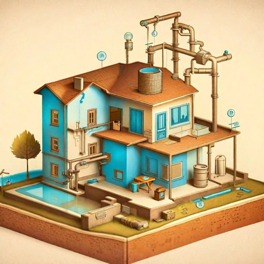 Detailed cross-section illustration of a three-story house showing complete water system installation including pipes, pumps, overhead tank, suction pipe, and water storage, using turquoise and brown colors with labeled components.