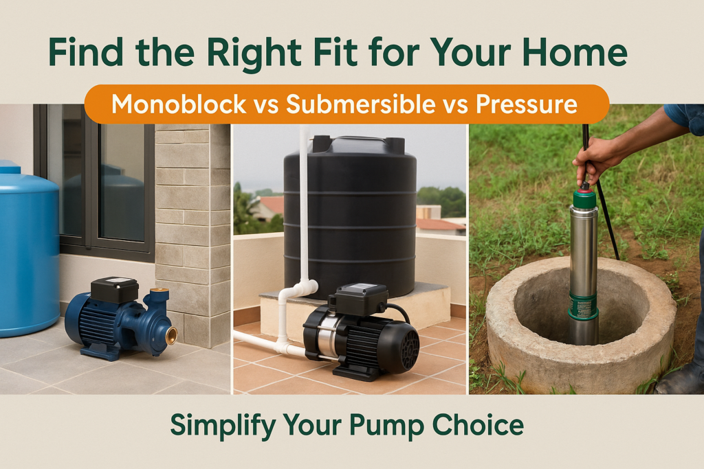 “Comparison of monoblock, pressure booster, and submersible pumps for Indian homes”