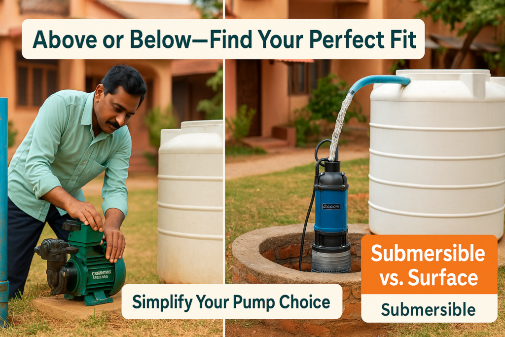 “Submersible vs. surface water pump setup in typical Indian home”