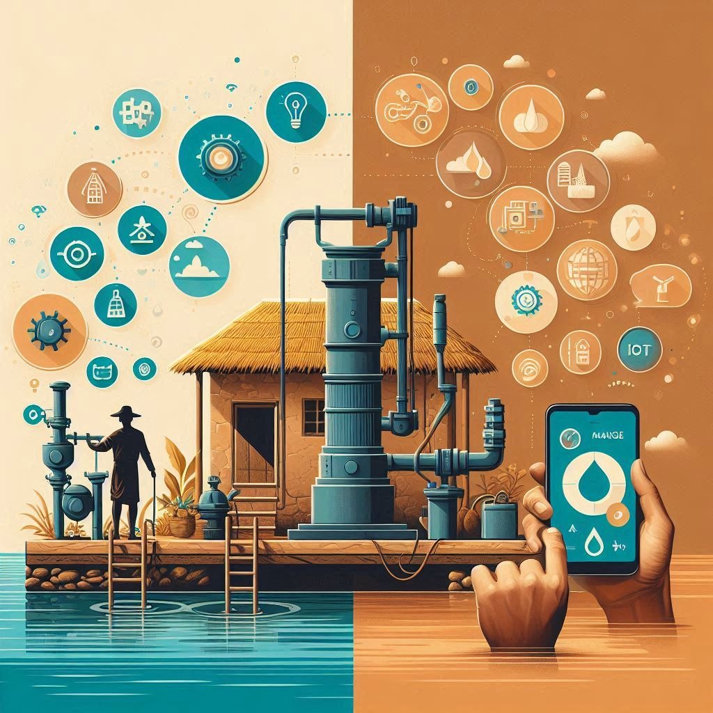 Split illustration showing traditional vs smart pump management, featuring a rural pump setup with a farmer on the left and modern IoT-enabled pump control via smartphone on the right, surrounded by various technical icons.