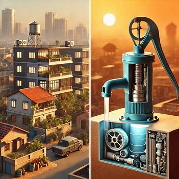 Split image showing urban rooftop water tank and vintage hand pump technical illustration against sunset.