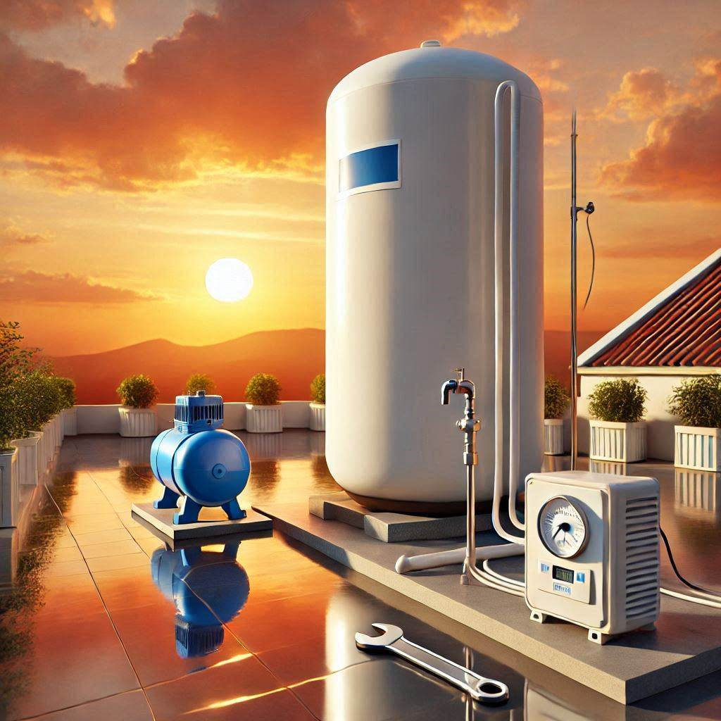 Rooftop water system with large storage tank, pressure pump, and control unit against dramatic sunset and mountain backdrop