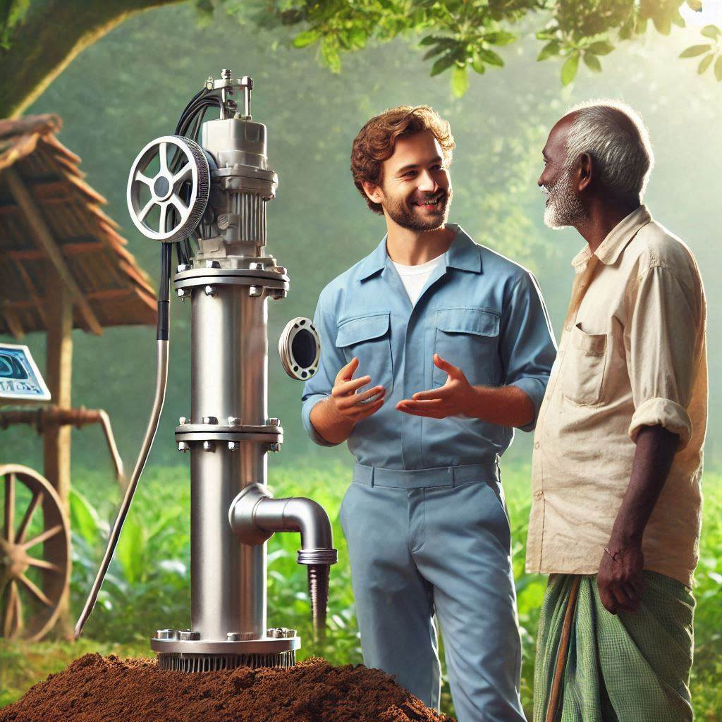 Expert water pump technician examining a submersible pump in an Indian agricultural setting