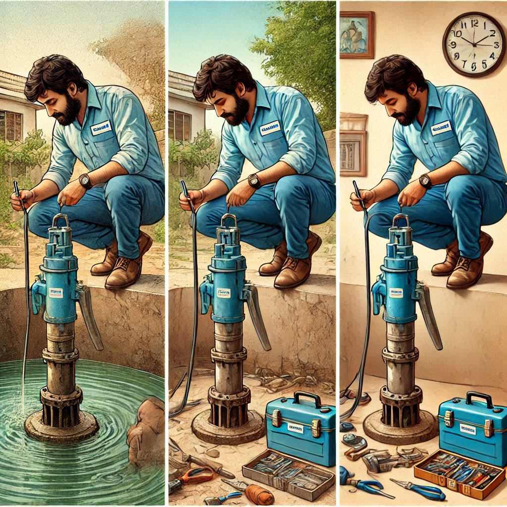 Three-step process of professional water pump maintenance by an Indian technician