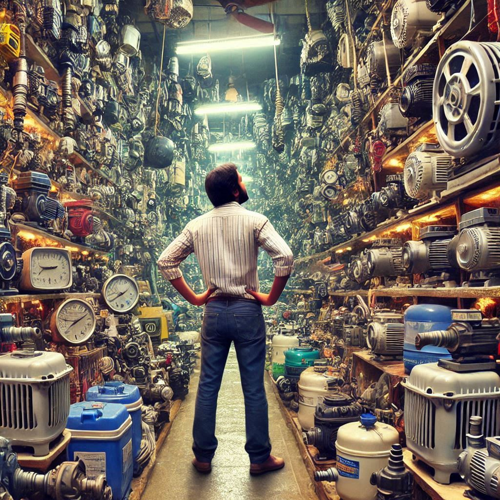 Variety of water pumps in an Indian hardware store