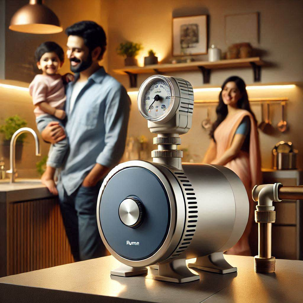 Modern Indian home water system with energy-efficient pump and satisfied family