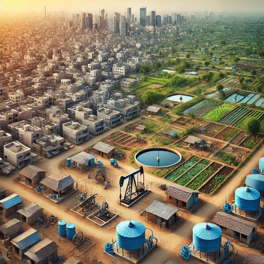 Aerial view showing urban-rural contrast with city buildings, farmland, oil pumps, and water storage facilities.