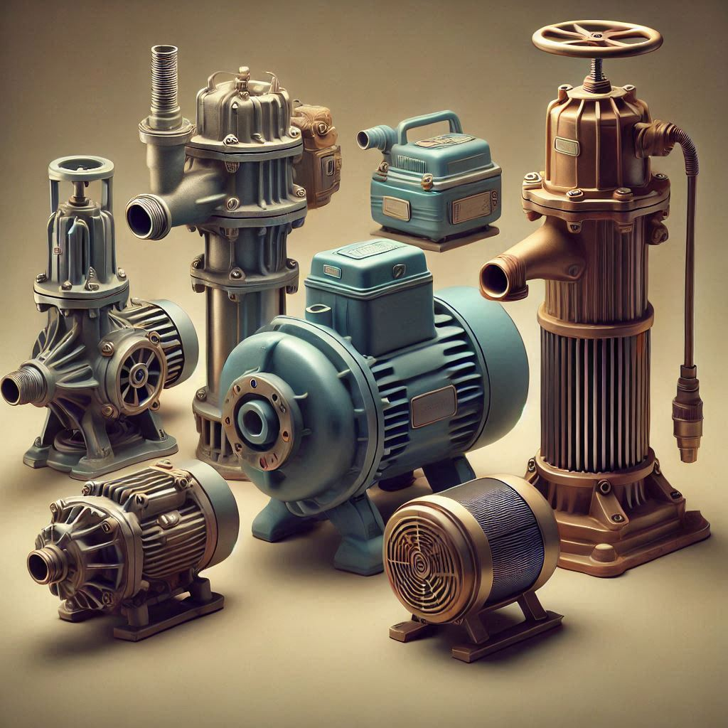 Collection of vintage and modern water pump models in different styles and sizes against neutral background