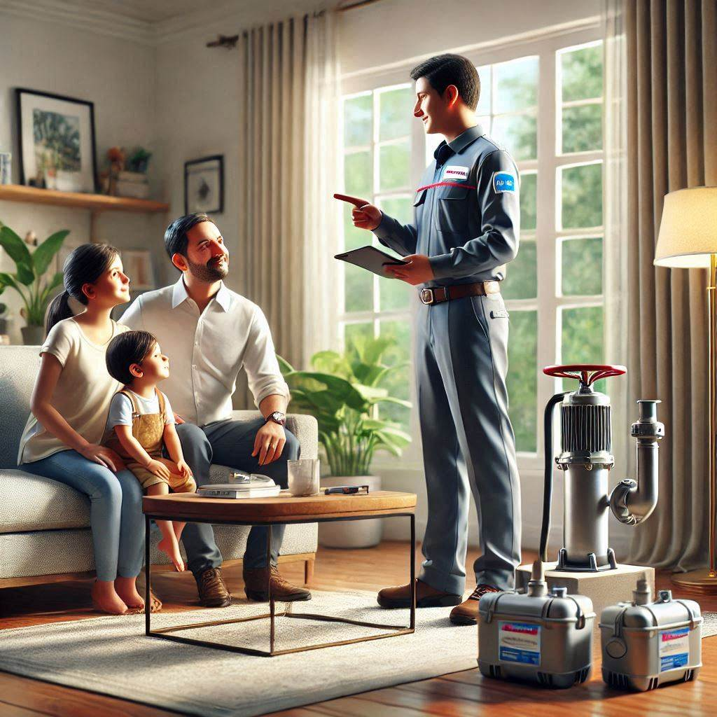 "Water pump technician demonstrating equipment to family in living room, with pump components displayed on floor."