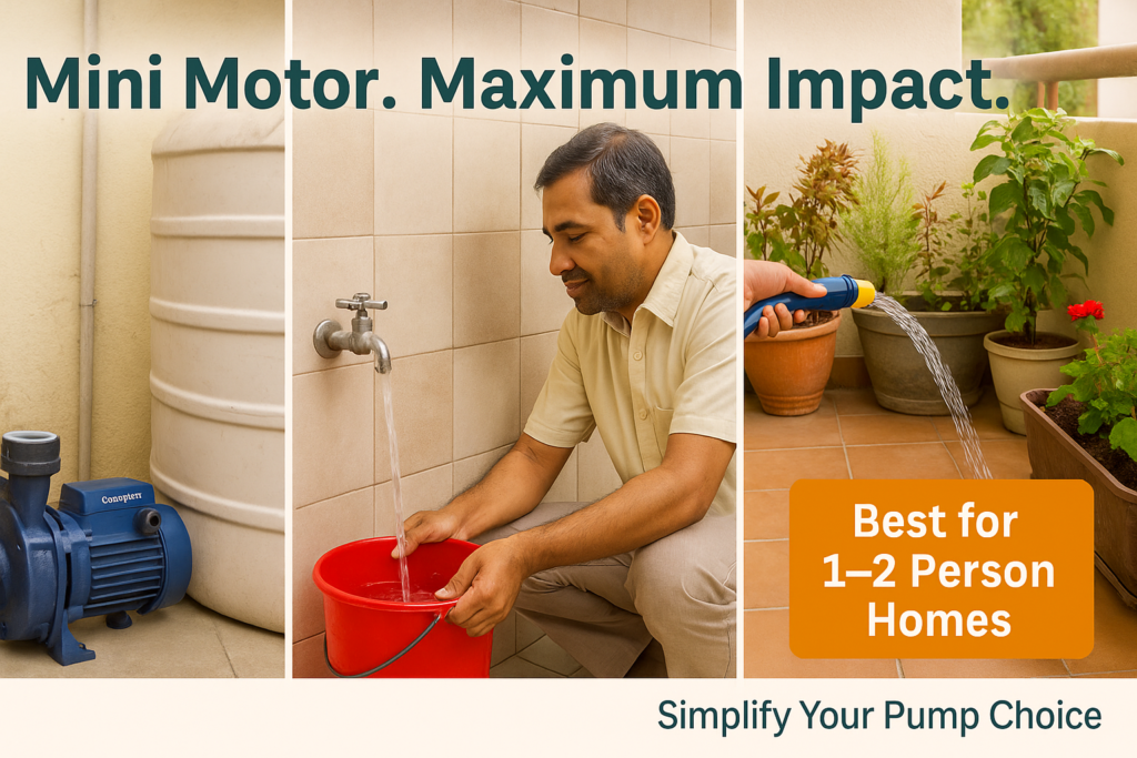 Crompton 0.5 HP mini pump used in Indian home bathroom and garden