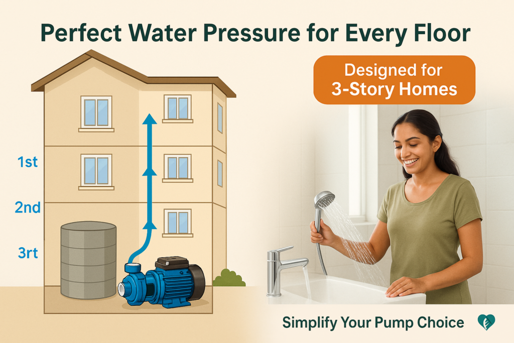 “Monoblock pump ensuring full-pressure water supply in 3-floor Indian building”