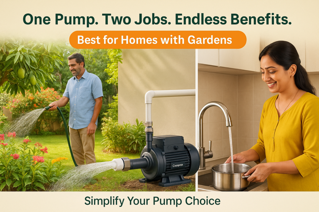 “Dual use water pump setup for Indian home garden and kitchen tap”