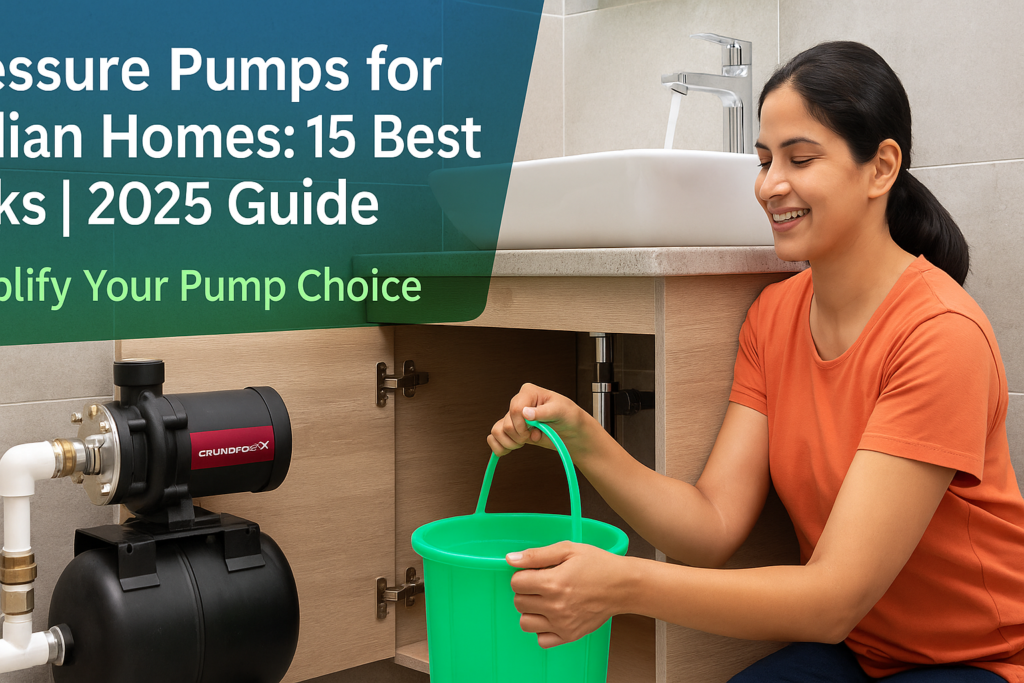 "Indian woman filling a green bucket from a bathroom sink tap with a Grundfos pressure booster pump installed under the washbasin in a modern apartment bathroom."