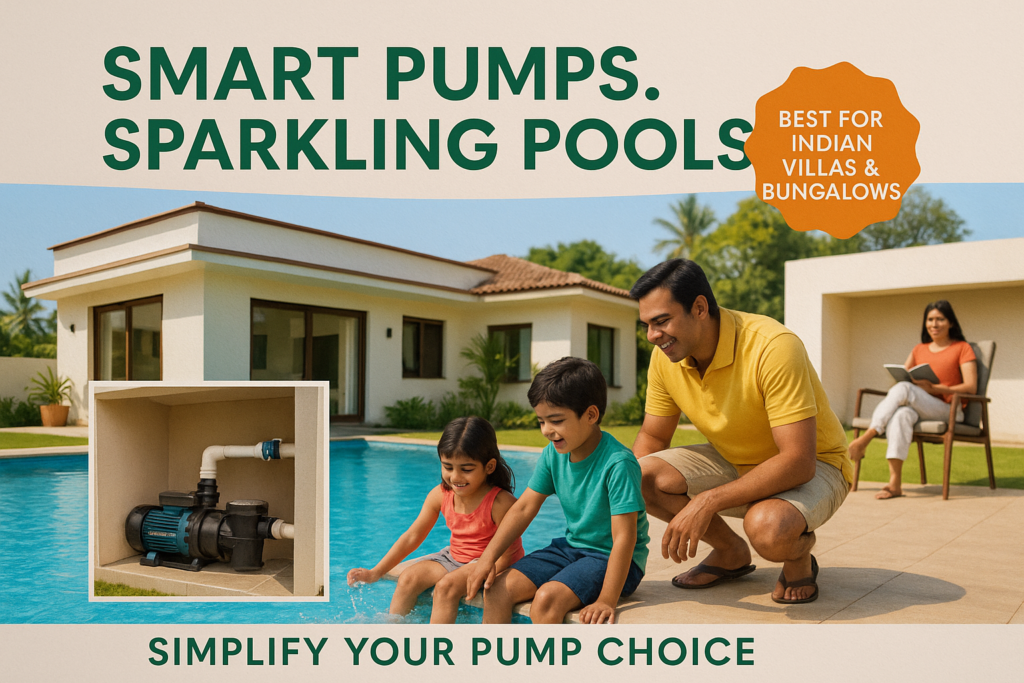 “Swimming pool pump setup in Indian bungalow with relaxing family”