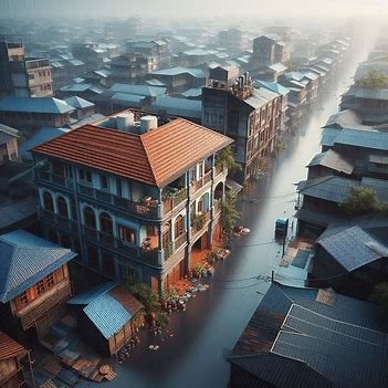 Aerial view of Kolkata during monsoon with flooded streets and a house featuring a rooftop water pump"