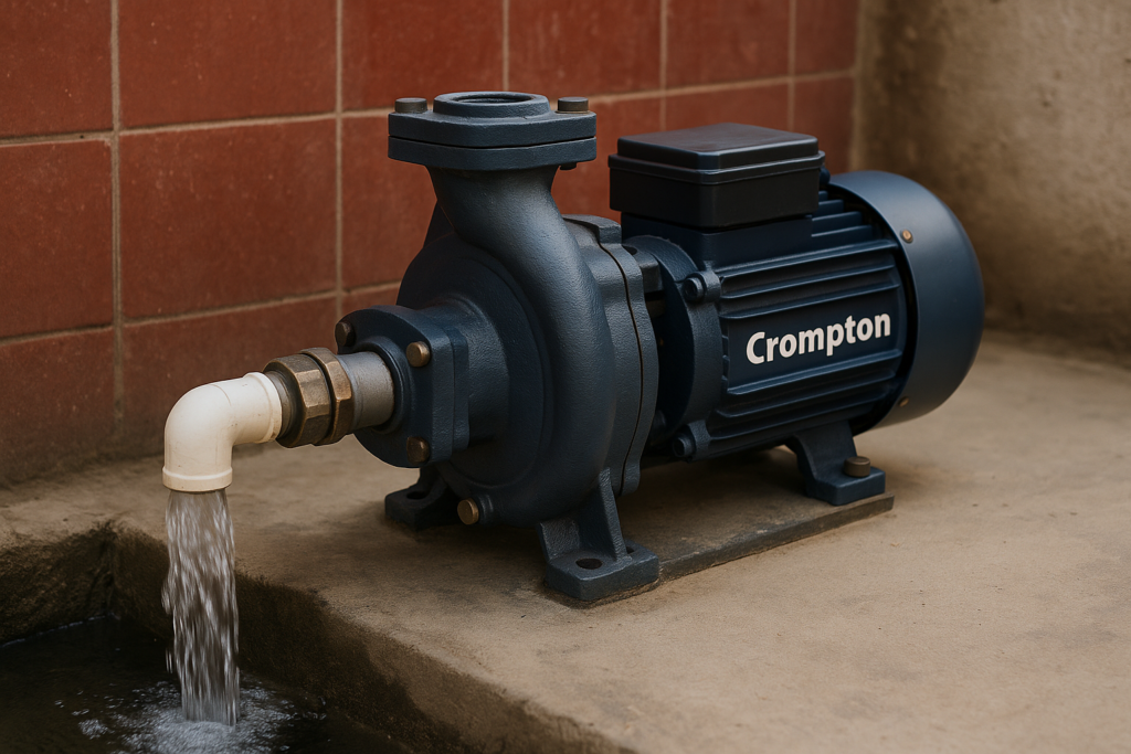 Crompton centrifugal pump installed for rooftop tank in Indian home”