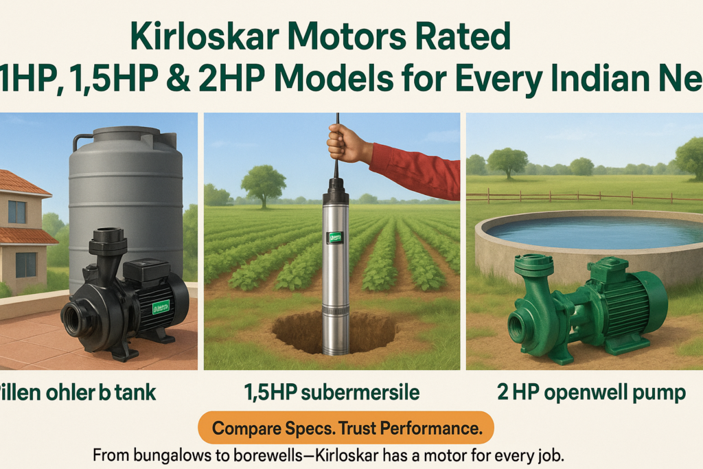 Kirloskar pump models in Indian home, borewell, and farm use