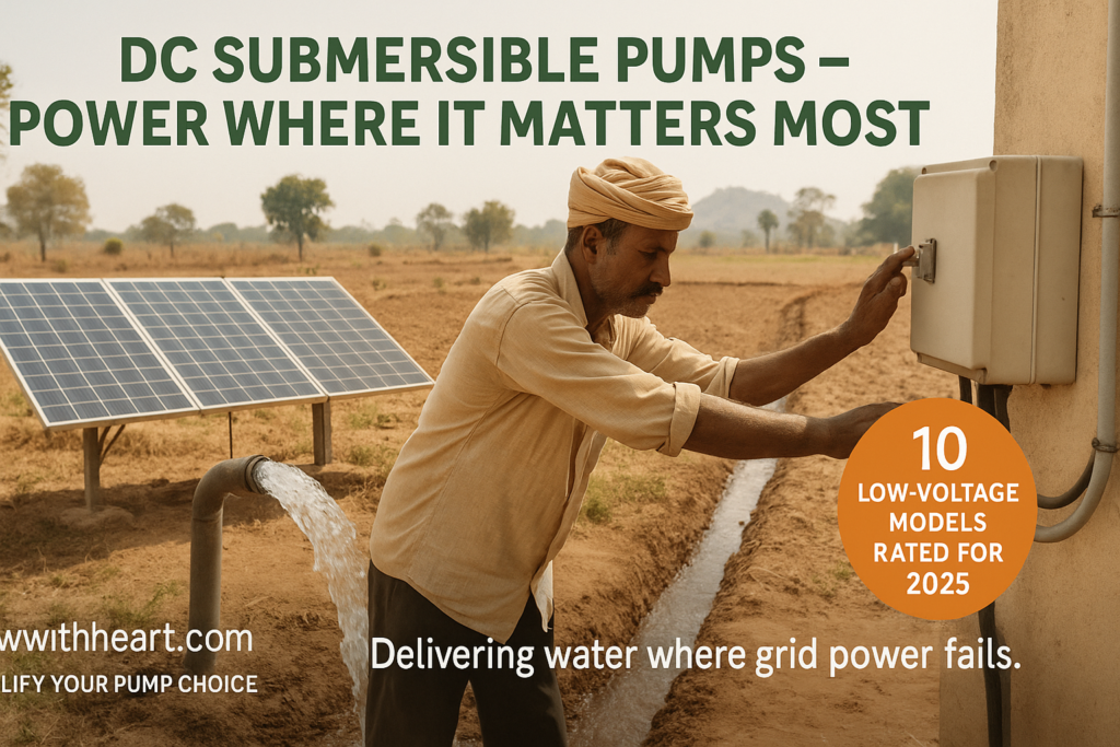 “Solar-powered DC submersible pump running in remote Indian farmland”