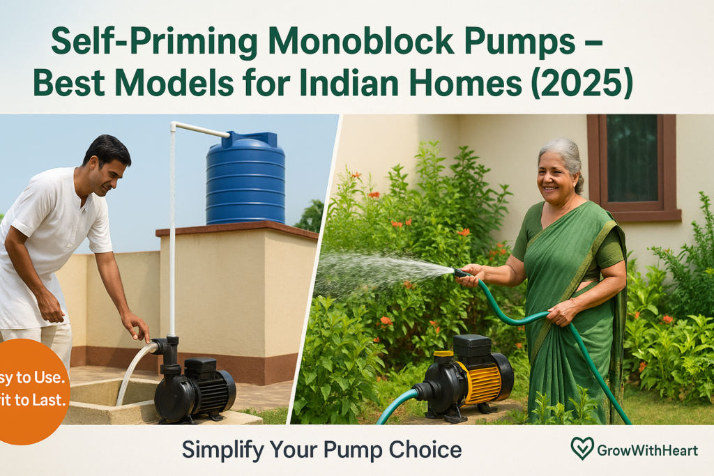 Self-priming monoblock pump used for tank fill and garden in Indian home