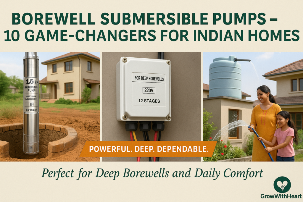“1.5 HP submersible borewell pump in Indian home setup with rooftop tank and garden”