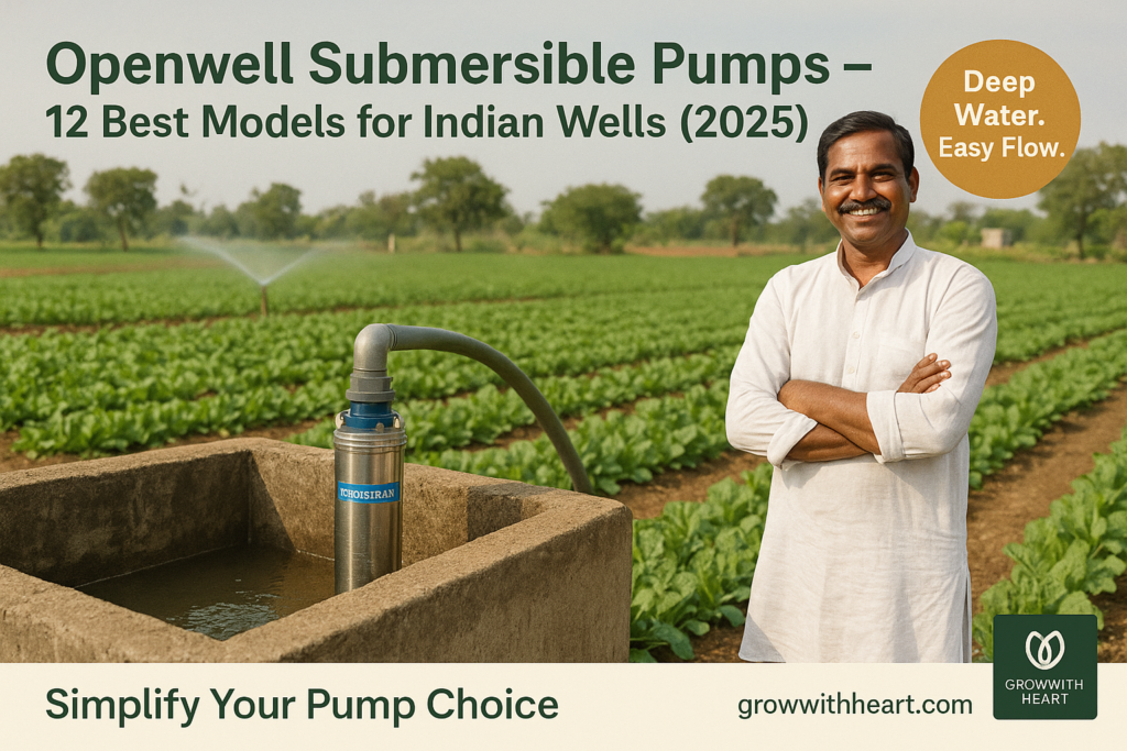 “Openwell submersible pump in Indian farm well irrigating vegetable field”
