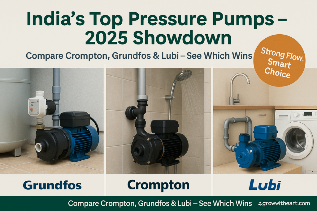 “Crompton, Grundfos, Lubi pressure pumps compared for Indian home water pressure solutions”