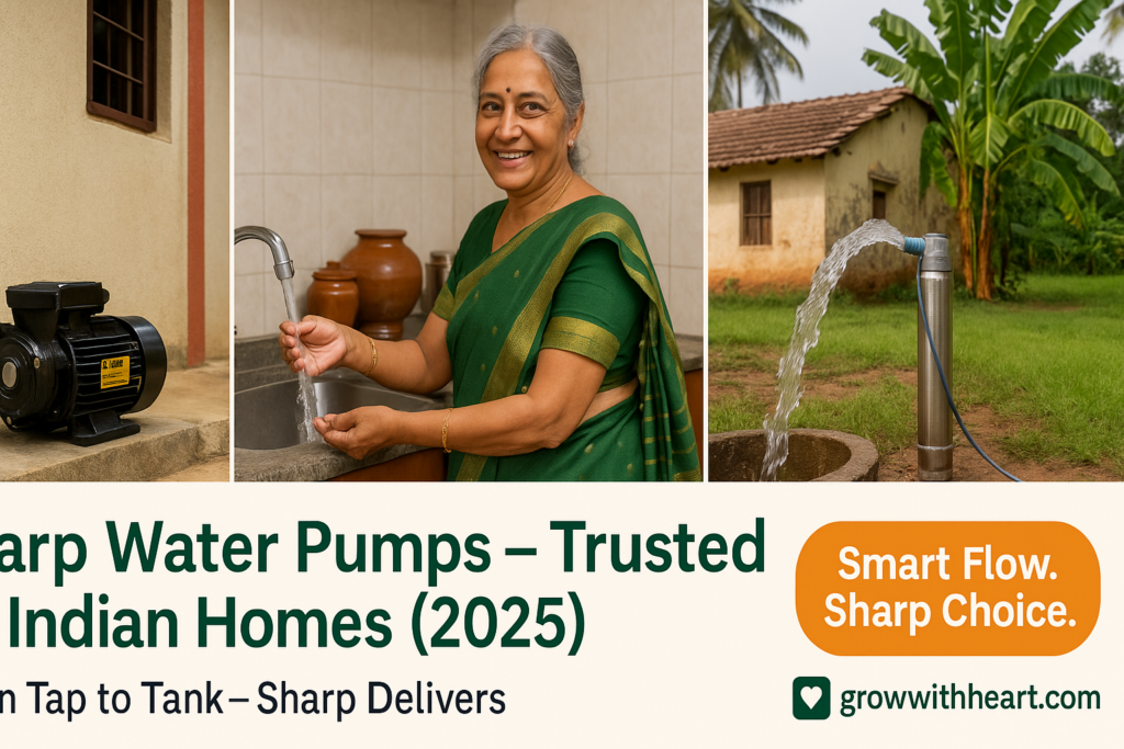 “Sharp monoblock and submersible pumps in Indian homes for tank, tap, and borewell use”