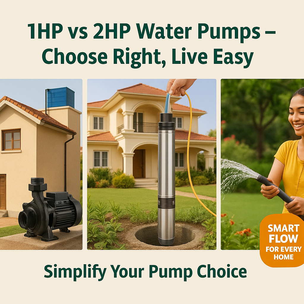 1HP and 2HP water pump use in Indian homes, with rooftop tank and borewell