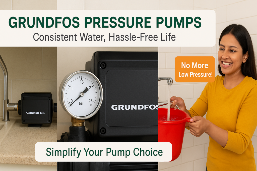 “Grundfos pressure booster pump installed in Indian home kitchen and bathroom for strong water flow”