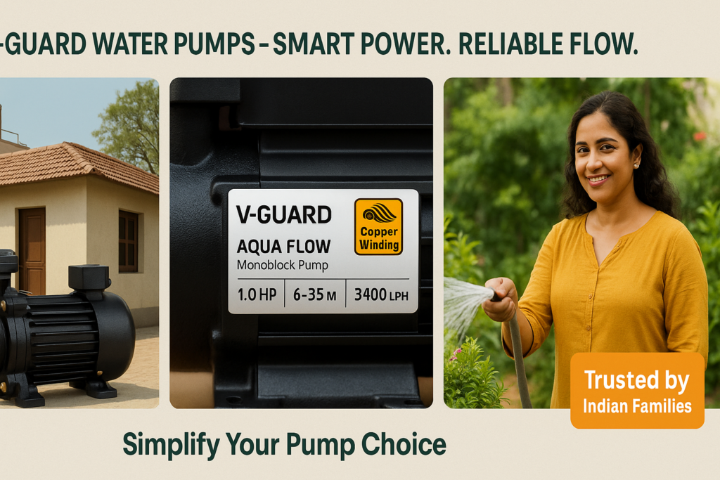 “V-Guard water pump setup in Indian home for rooftop tank and garden watering”