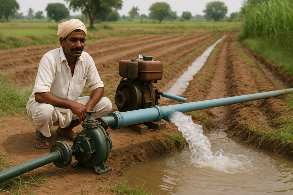 “Centrifugal pump irrigation setup in rural Indian farm”